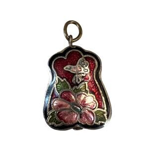 Vintage Cloisonné Puffy Floral Butterfly Necklace Pendant